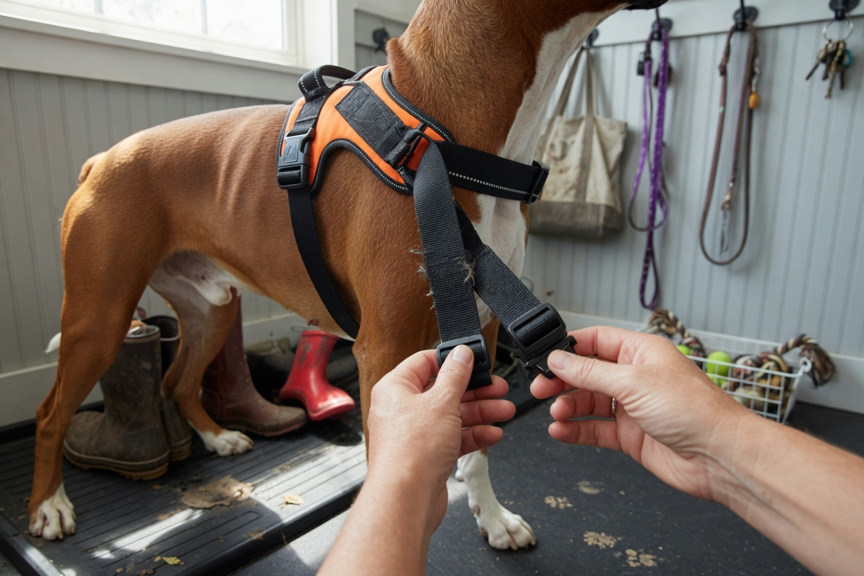 Adjusting a harness girth strap in a mudroom before a walk