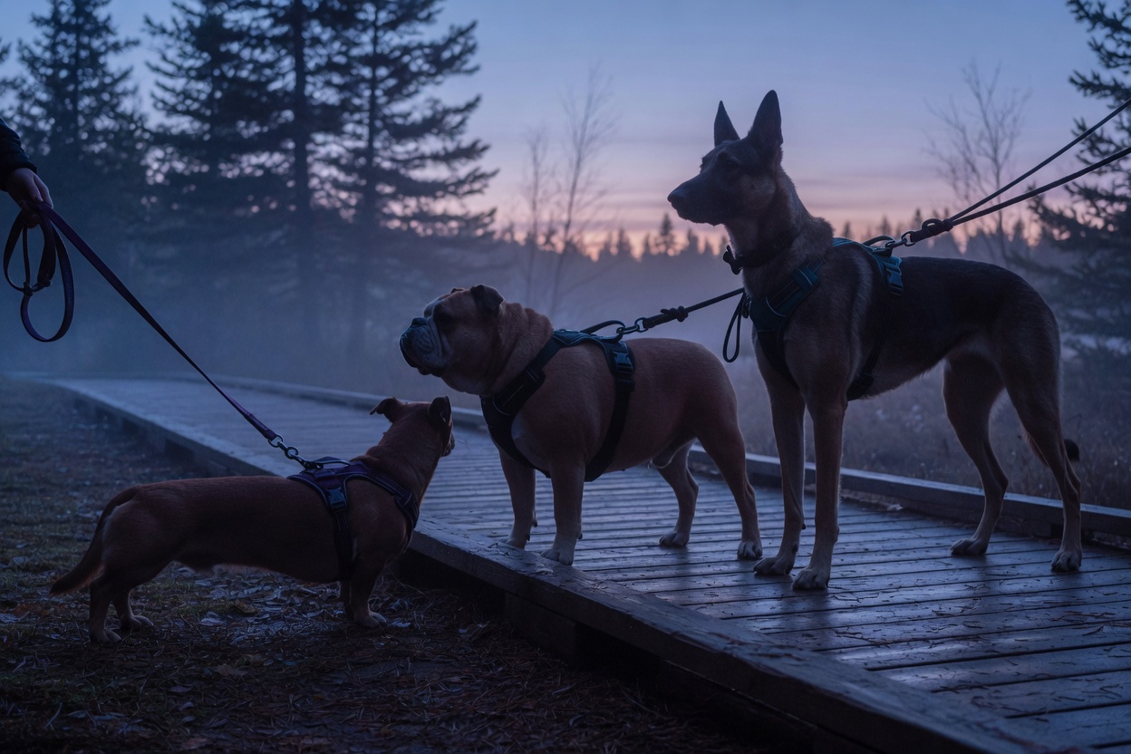 Long-backed, broad-chested, and tall dogs in harnesses on a dusk boardwalk