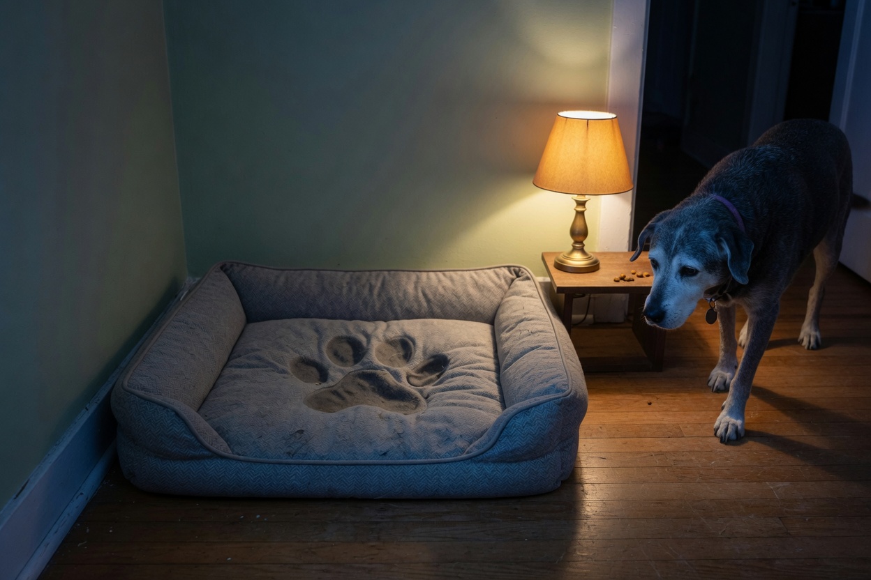 Senior dog approaching a used flat bed in a quiet room at night