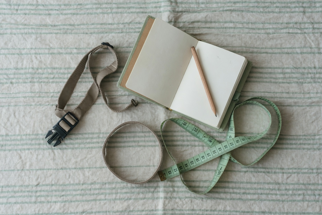 Measuring tape, notebook, and harness strap laid out for a sizing session